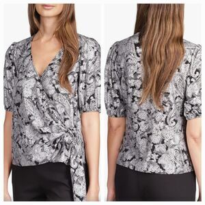 New MICHAEL Michael Kors Women's (XL) Black/Silver Foil Paisley Wrap Top $110